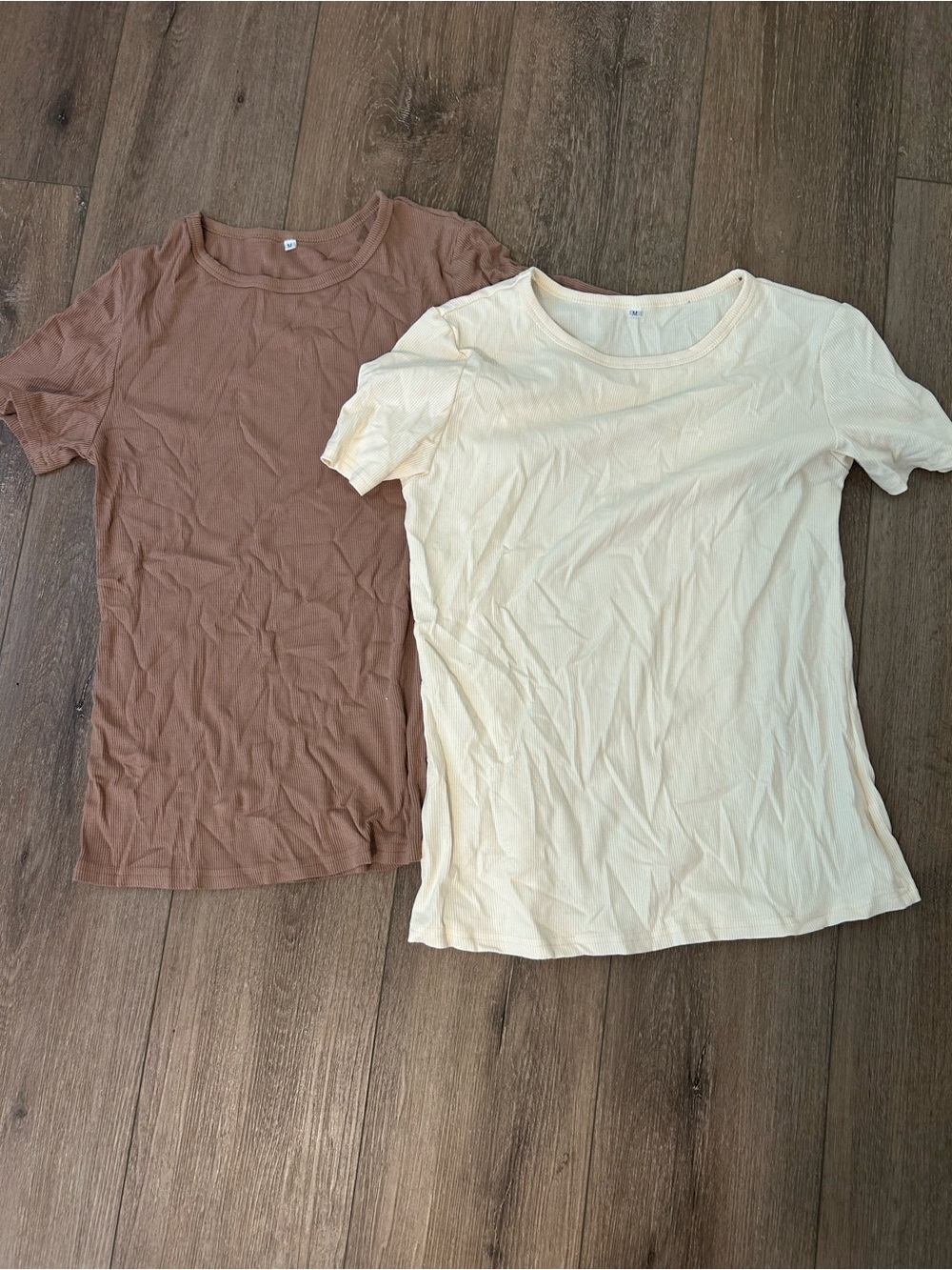 Ribbed Crew Neck Tee - Cream & Brown (Set of 2)